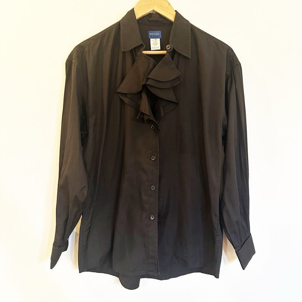 Kenzo Black Ruffle Front Button Up Shirt sz 38